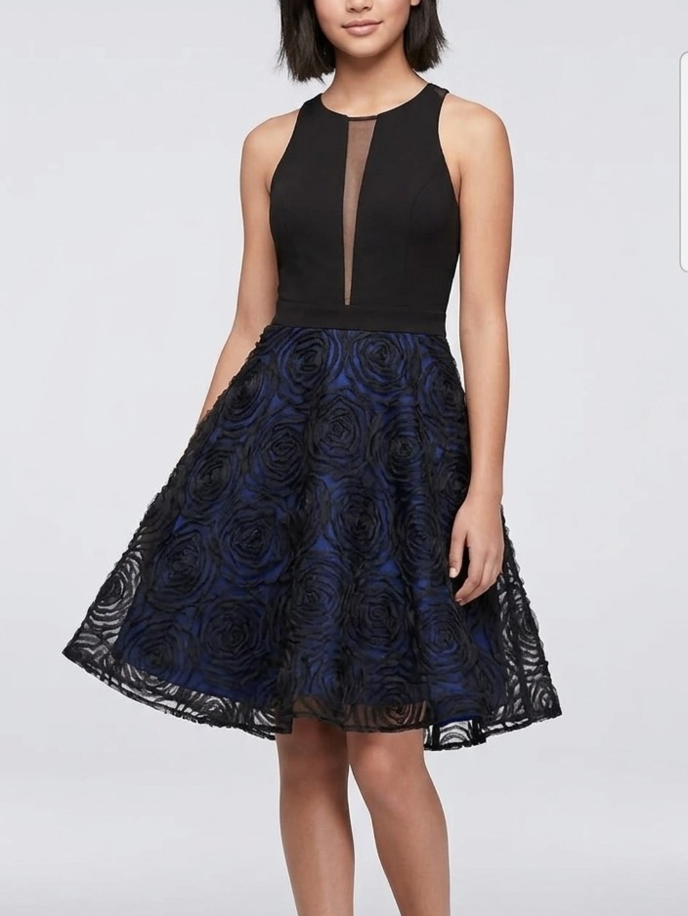 NWT Blondie Nites Royal Blue Black 3D Rosette Halter Fit & Flare Juniors Dress 3